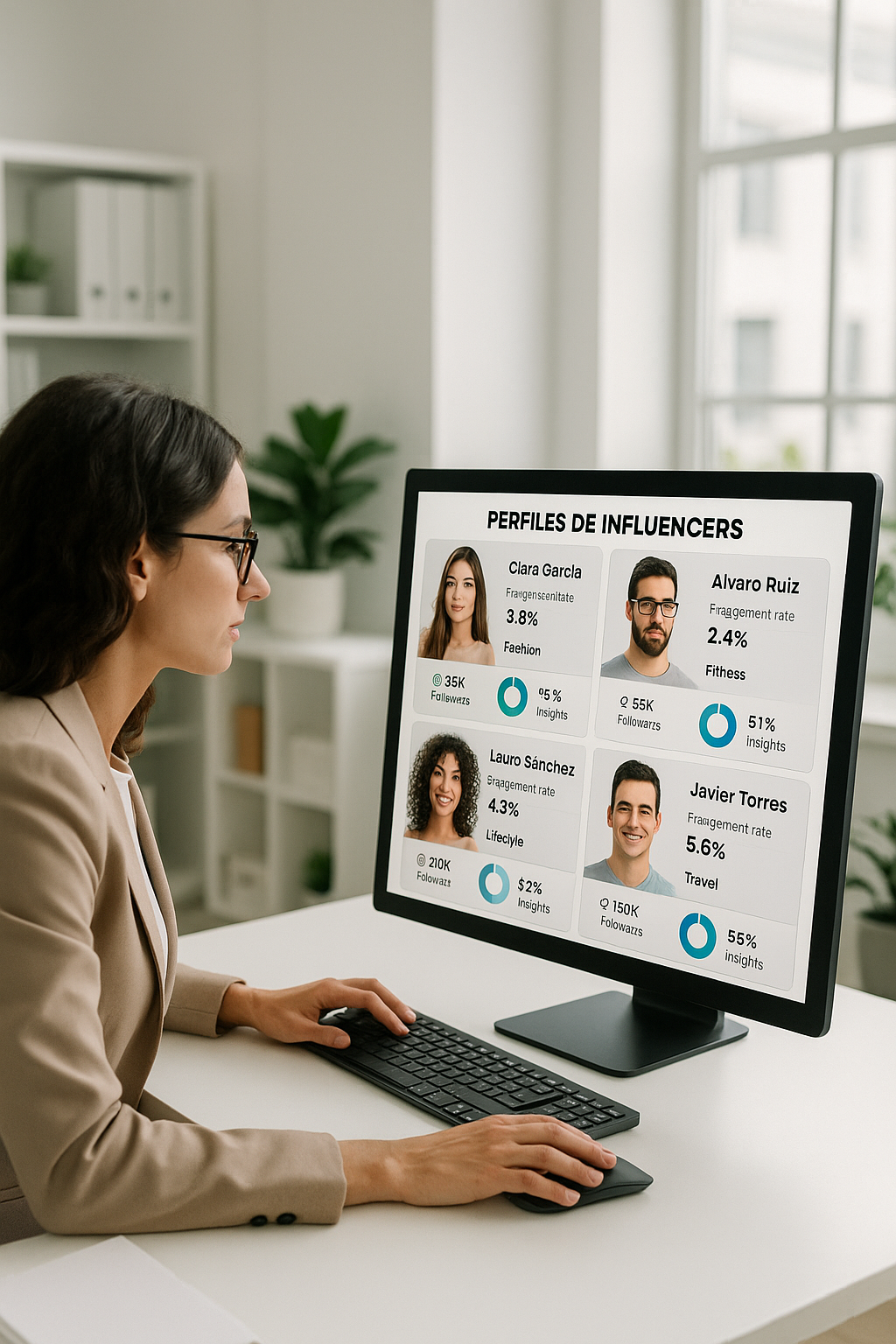 Brand manager evaluating Spanish influencer profiles and engagement data on a laptop for campaign selection