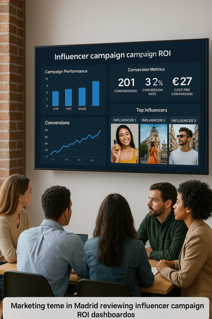 Marketing team analyzing Spanish influencer campaign ROI data on a big screen with graphs and engagement statistics