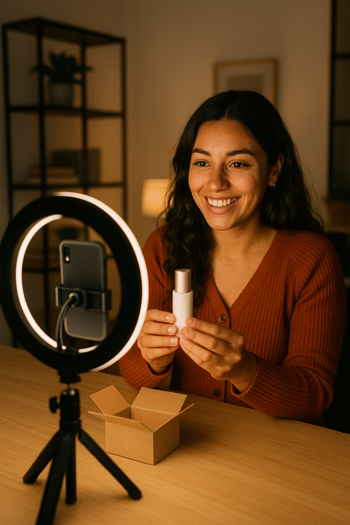 Spanish UGC creator filming product unboxing video at home with ring light and smartphone