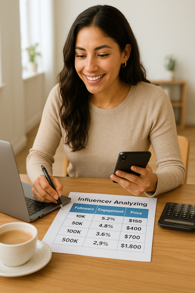 Spanish influencer calculating campaign rates on a laptop with data charts and calculator on desk