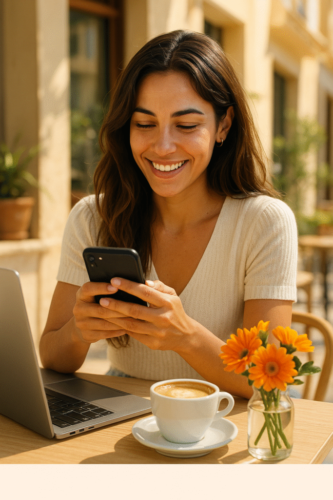 Spanish influencer checking a brand collaboration email on smartphone at café table in Spain