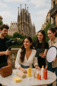 Spanish influencer collaborating with a brand and agency team during a product placement shoot in Barcelona