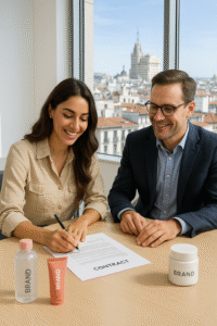 Spanish influencer signing a partnership contract with a brand manager during a collaboration meeting in Madrid