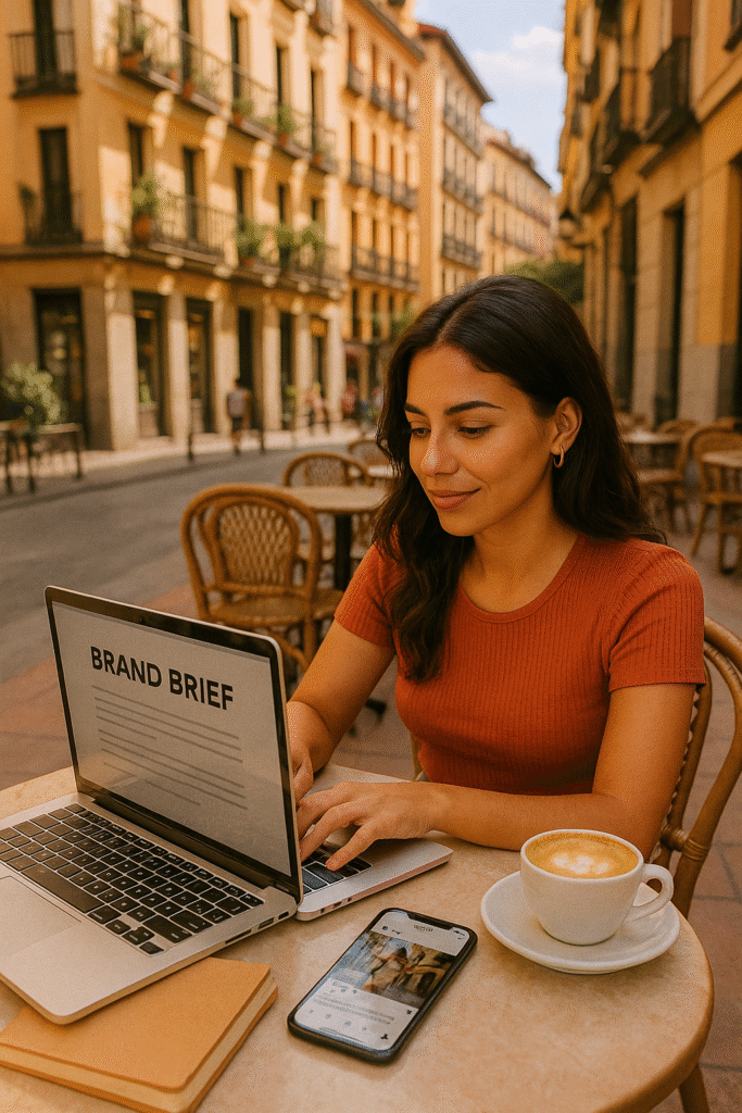 Spanish influencer working on a brand campaign brief in a Madrid café with laptop and social media preview on phone