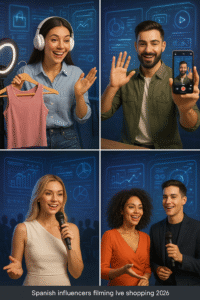 Spanish influencers creating content across multiple platforms with AI tools and live shopping formats in 2026