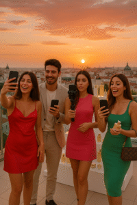 Spanish influencers creating content during a rooftop brand activation in Madrid with elegant product placement