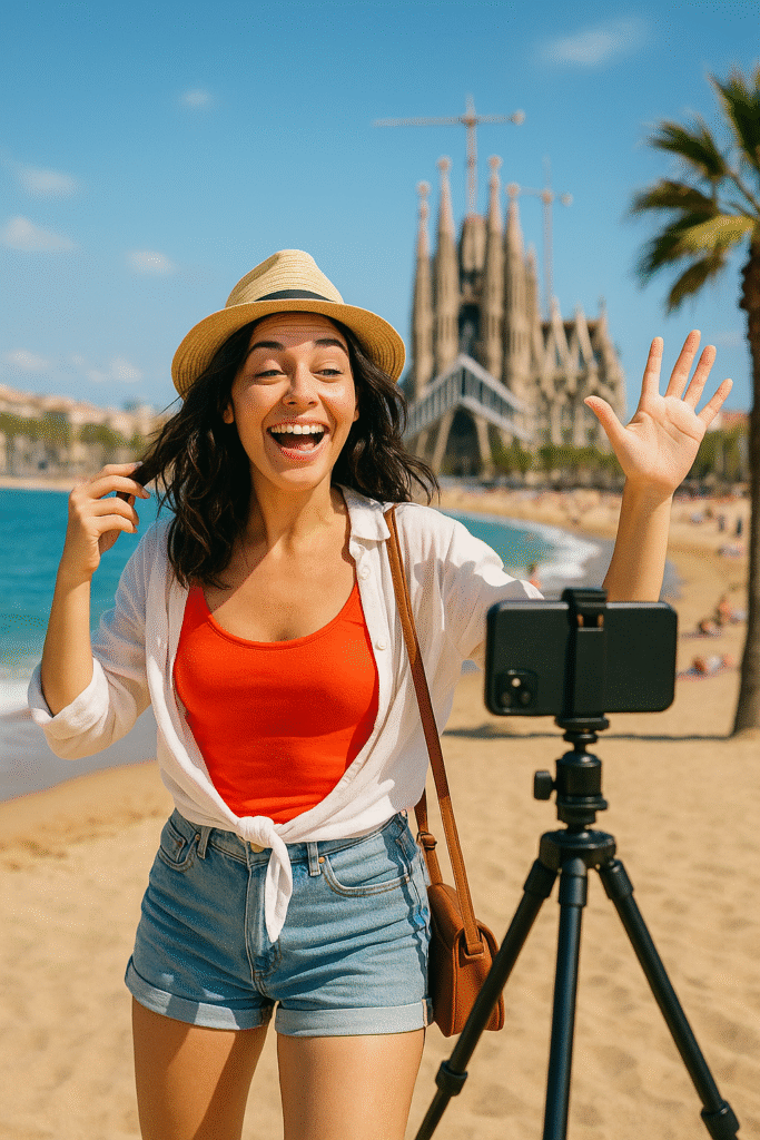 Spanish travel influencer recording content in Barcelona with sea and Sagrada Familia in the background