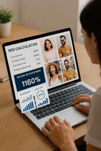 Digital marketer calculating ROI of a Spanish influencer campaign using analytics software