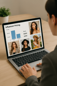 Marketing expert analyzing Spanish influencer pricing data with examples of creators from different niches