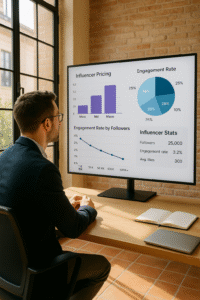 Marketing manager reviewing Spanish influencer pricing and performance analytics