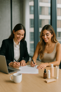 Spanish influencer and brand manager signing a contract for a campaign collaboration in Spain