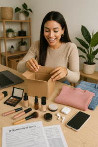 Spanish influencer organizing gifted products and tax documents for declaration in Spain