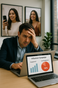 Marketing manager reviewing mistakes in a Spanish influencer campaign on a laptop