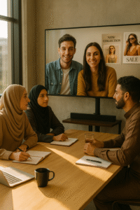 Middle East brand team collaborating with Spanish influencers through a digital meeting