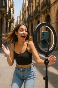 Spanish TikTok influencer filming a trending video in the streets of Barcelona