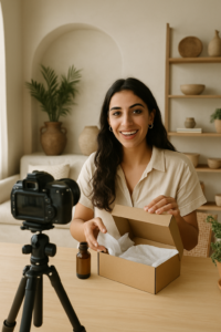 Spanish influencer filming a product launch unboxing in a bright modern studio