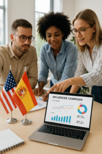 US brand team planning a Spanish influencer marketing campaign with analytics on a laptop