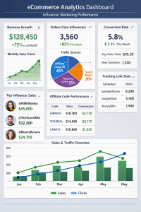 Influencer marketing performance dashboard showing sales growth for a dropshipping brand