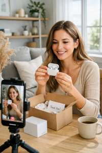 influencer unboxing ecommerce product for product seeding campaign