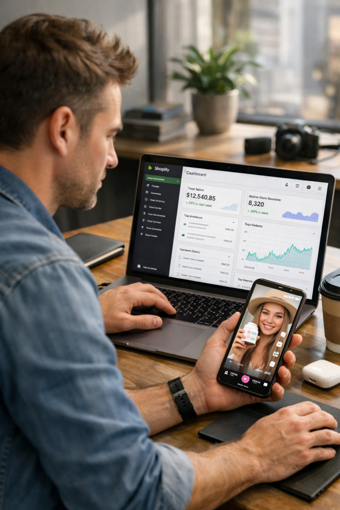 shopify entrepreneur reviewing influencer marketing campaign performance