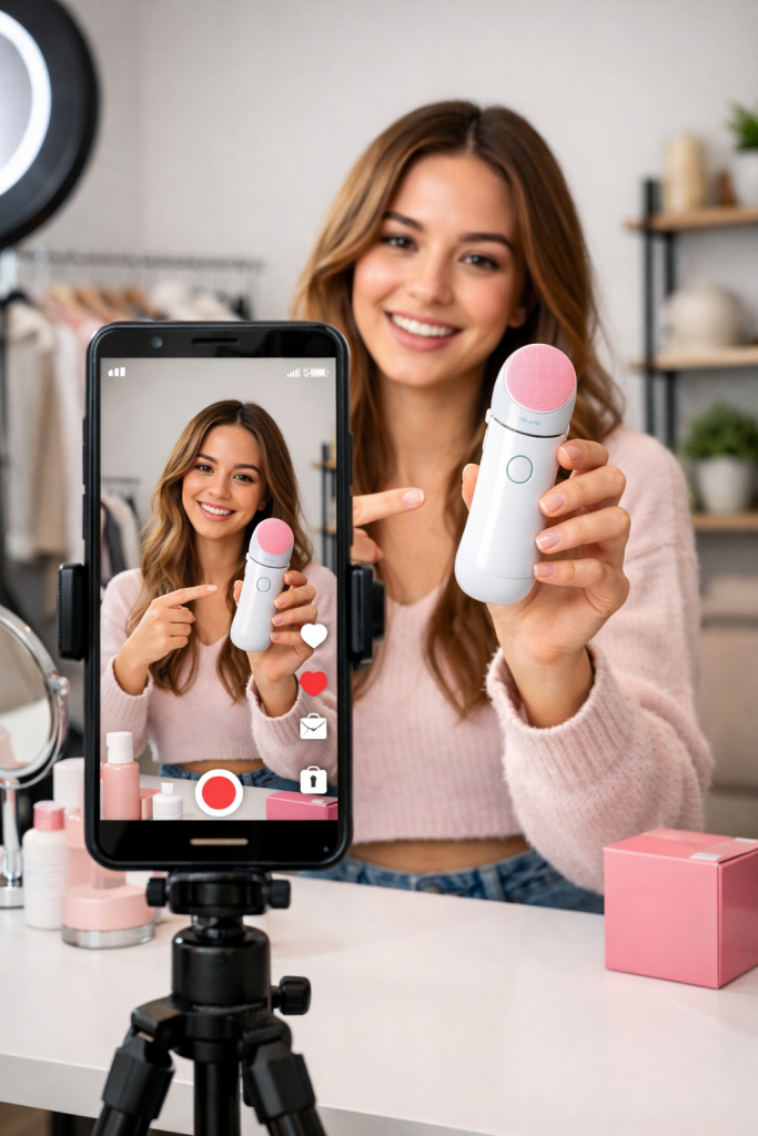 creator filming product demo for TikTok Shop ecommerce marketing