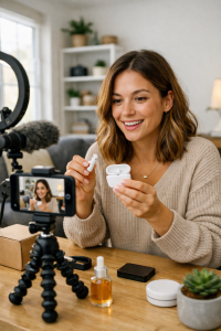 creator filming ugc product review video for ecommerce marketing