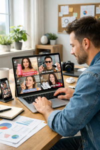 ecommerce entrepreneur reviewing influencer marketing content from social media creators